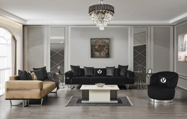 Modern Wunnzëmmer Set Schwaarzt Sofa schwaarze Sesselen Dësch nei
