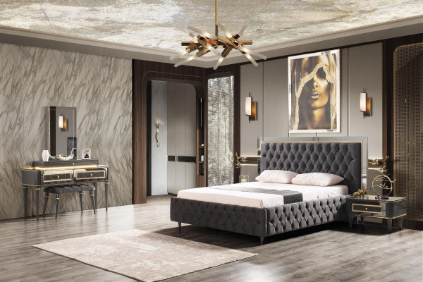 Chesterfield Schlofkummer Set Bett Modern Better 2x Nuetsdëscher Schminktisch