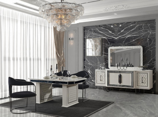 Iesszëmmer Garnitur Iessdësch 4x Still Dësch Lehnstull Anrichte Spigel 7tlg