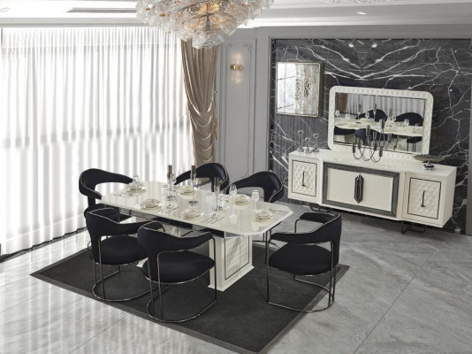 Iesszëmmer Garnitur Iessdësch 4x Still Dësch Lehnstull Anrichte Spigel 7tlg