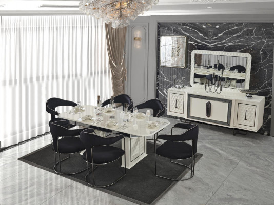 Modern Iesszëmmer Set Wäissen Iessdësch 6 Still wäissen Sideboard Spigel nei