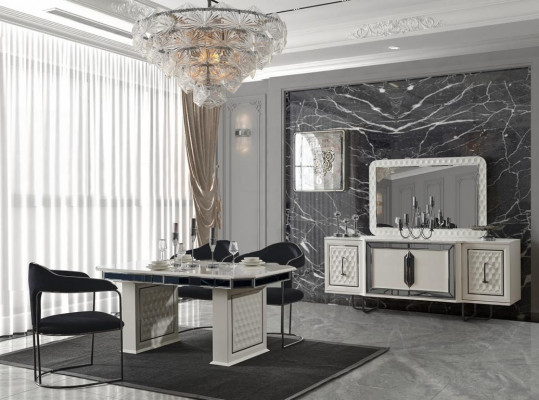 Modern Iesszëmmer Set Wäissen Iessdësch 6 Still wäissen Sideboard Spigel nei