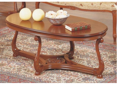 Ovalen Kaffisdësch brong gelackéiert Säitentësch Holz Couchtisch Wunnzëmmerdësch