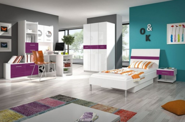 Lila Schlofkummer Jugendzëmmer Set Modern Kleederschaf Dësch 5-Teileg.