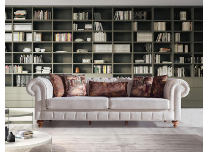 Sofaen Stoff Modern Sofa 3-Sëtz Dräisëtzer Canapéën Design Canapé Polster Beige.