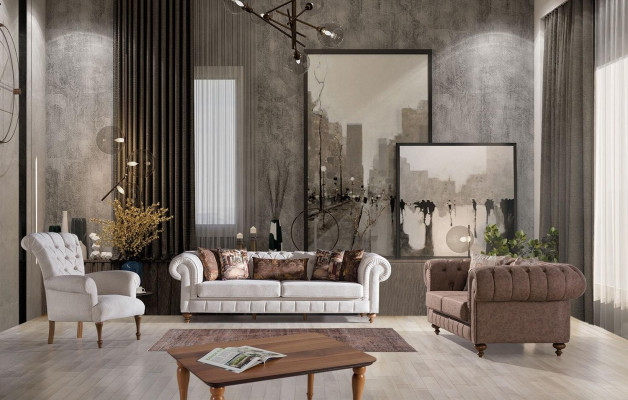 Sofaen Stoff Modern Sofa 3-Sëtz Dräisëtzer Canapéën Design Canapé Polster Beige.