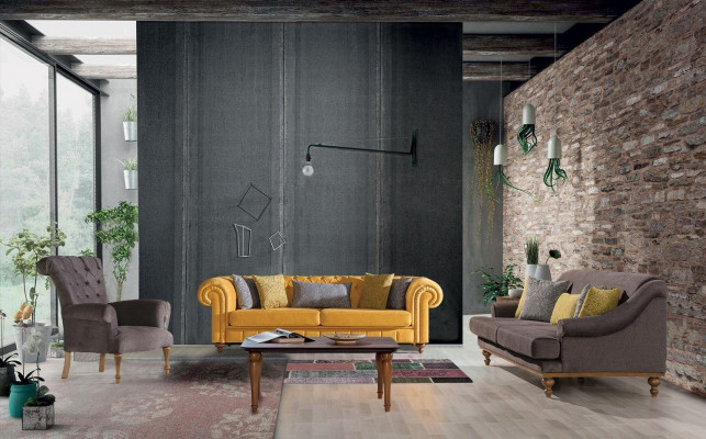 Chesterfield Canapé Sofa Relax Stoff Lounge Luxus Polster Fotell Design Braun