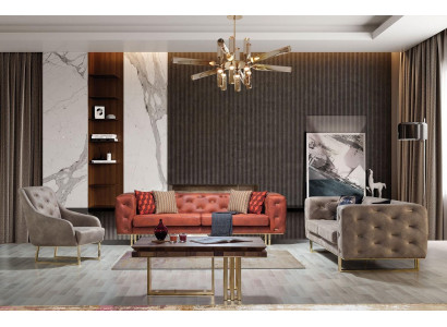 Chesterfield Faarweg Couch Sofa Garnitur Miwwel Set 3+3+1 Grupp Textil