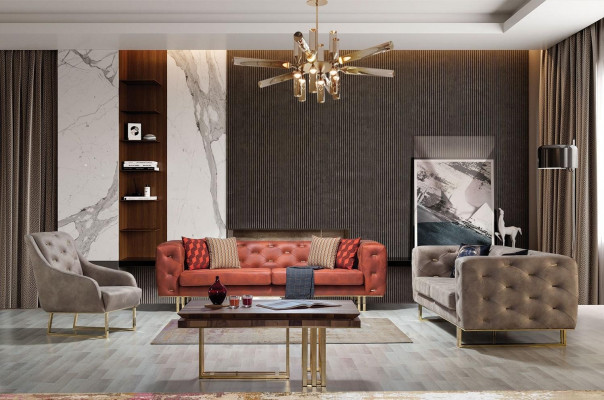 Chesterfield Textil Stoff Sofa Édlen Design Klassesch Miwwelen brong 3 Sëtzer