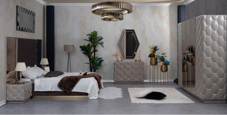 Schlofkummer Bett Nuetdësch Kommod Schaf Spigel 6-stéckeg
