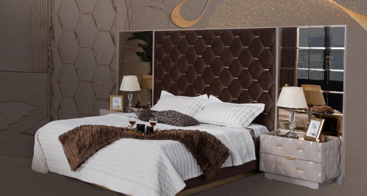 Schlofzëmmer Bett Nuetsdësch Better Duebel Holz Neit Luxus Set 3 Deeler.