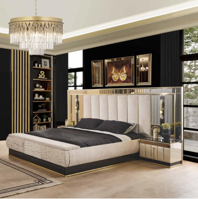 Bett Nuetsdësch Kleederschaf 4 Stéck Schlofzëmmer Set Design Modern