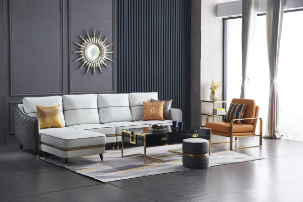 Moderne Canapé Ecksofa L Form Dësch Pouf Ecksofa Polster Pouf