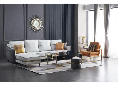 Moderne Canapé Ecksofa L Form Dësch Pouf Ecksofa Polster Pouf