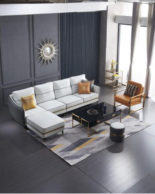 Moderne Canapé Ecksofa L Form Dësch Pouf Ecksofa Polster Pouf