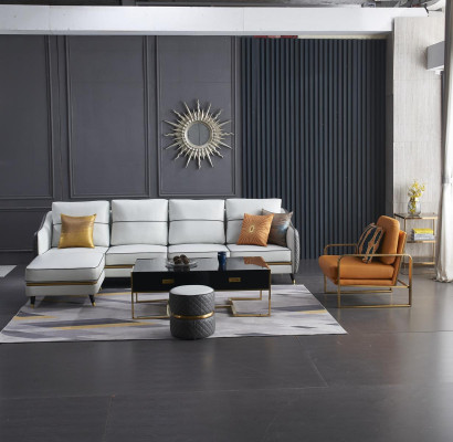 Moderne Canapé Ecksofa L Form Dësch Pouf Ecksofa Polster Pouf