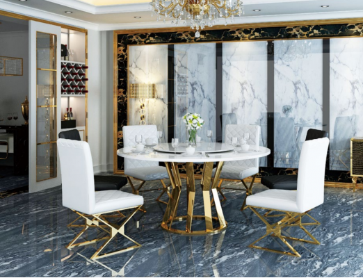 Iesszëmmer Garnitur Modernen Iessdësch + 6 Lehnstull Metall Lieder Set