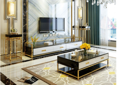Luxus Metal Couchtisch Gold Schwaarz Héichglanz Sofa Wunnzëmmer Dësch