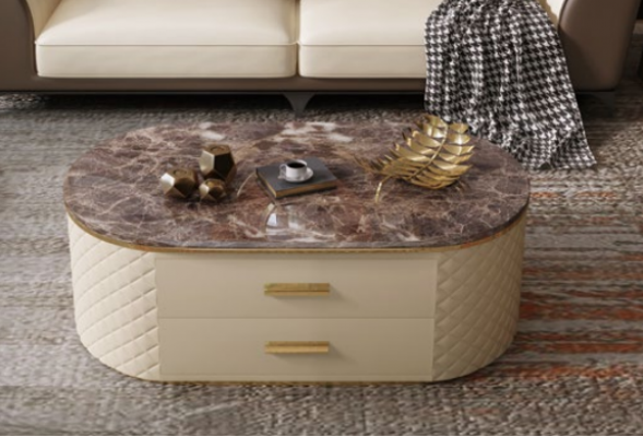 Design-Couchtisch aus Marmor-Stein-Imitatioun Wunnzëmmer-Kaffi-Sofa Dësch Bäistell