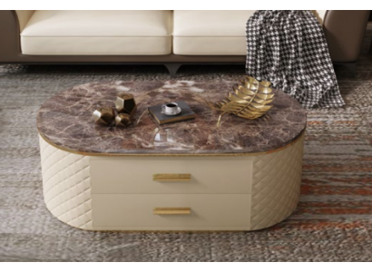Design-Couchtisch aus Marmor-Stein-Imitatioun Wunnzëmmer-Kaffi-Sofa Dësch Bäistell