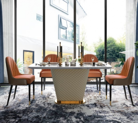 Luxus Designer Iesszëmmer mat ronnem Iessdësch & 4 x Lehnstill Metall