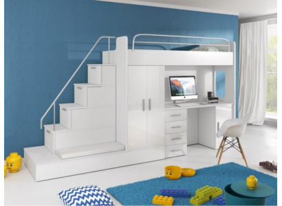 Wäiss Kanner Héichbett Etagenbett Duebelstockbett Bett Héichglanz Miwwelen