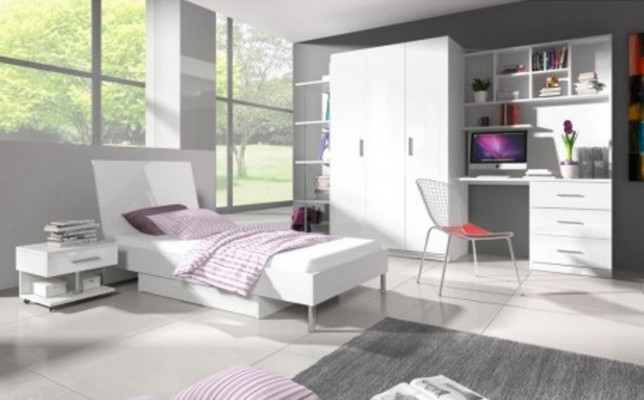 Modern Kannerzëmmer-Set Bett Noperuff Schaf Schreibtisch Bicherregal 5 Deeler.