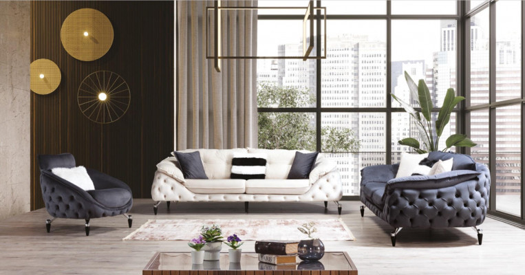 Chesterfield Couch mat Holz Textil Sofagarnitur 331 Sëtz Set Polster