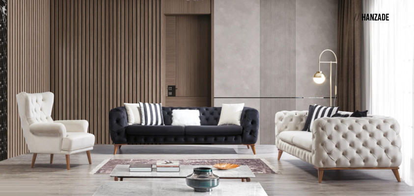 Sofagarnitur Canapé 3+3+1 Sëtzer Schwaarz Chesterfield Fauteuil Miwwelen