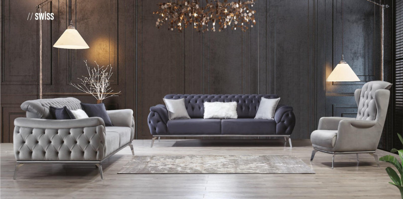 Sofagarnitur 3+3+1 Sëtz Blau Fauteuil Luxus Chesterfield Ariichtung