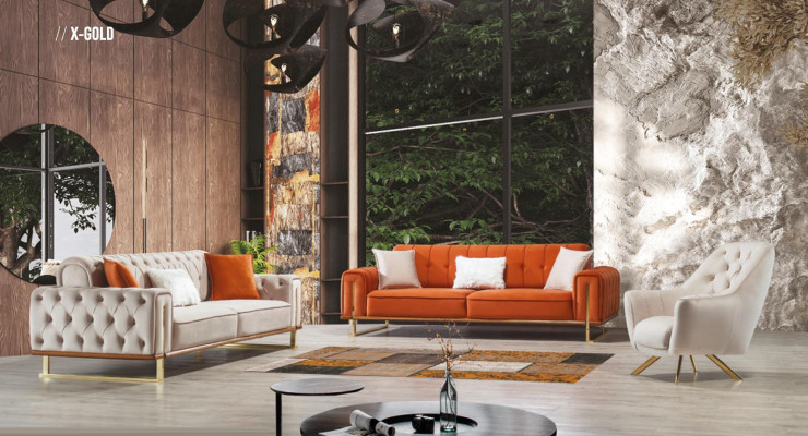 Beige Sofa 3 Sëtzer Wunnzëmmer Luxus Design Chesterfield Italienesch