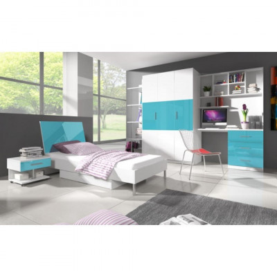 Bett + Nuetsdësch - Schlofzëmmer Miwwelen Kannerzëmmer Better Blo 2tlg. Set Neien
