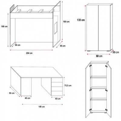 Wäisst Duebelstéckbett Holz Etagebett Meedecher Héichglanz Schreifdësch Schaf Nei