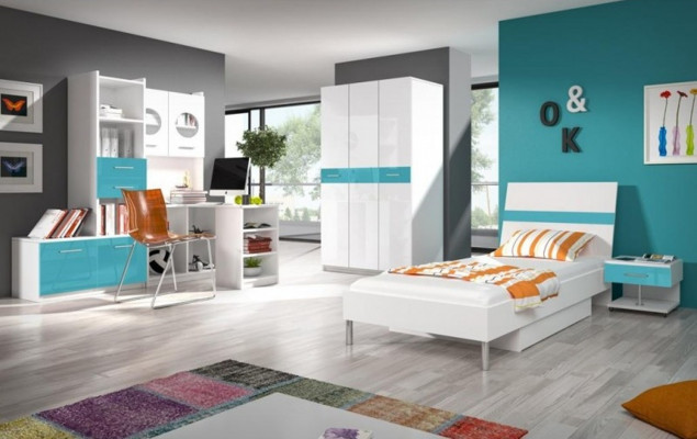 Bett + Nuesschnouer Schlofzëmmer Jugendzëmmer Kannerzëmmer Set Miwwelen Blo 2tlg.