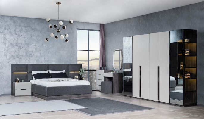 Schlofzëmmer Bett Nuetsdëscher Kleederschaf Kommode mat Spigel Miwwel Set 5 Stéck