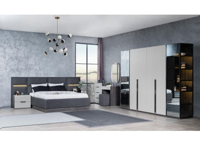 Schlofzëmmer Bett Nuetsdëscher Kleederschaf Kommode mat Spigel Miwwel Set 5 Stéck