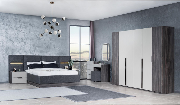 Schlofkummer Set Miwwelen Bett 2x Nuetsdësch Kleederschaf Miwwelen Komplett Set 5tlg