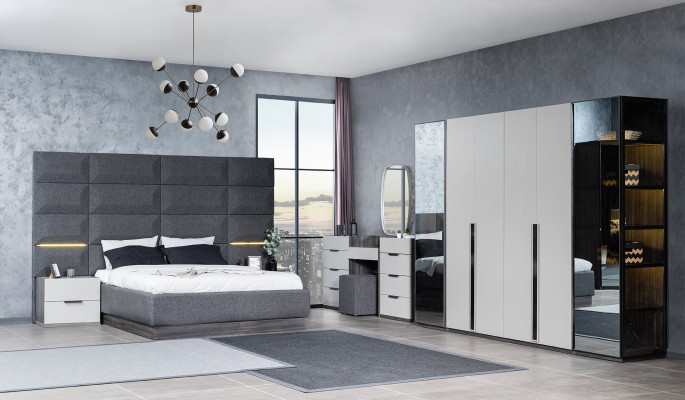 Komplett Schlofkummer Miwwel Set Bett 2x Nuetsdësch Schminktisch Spigel 5-Deeler Neit