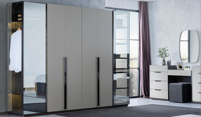 Komplett Schlofkummer Miwwel Set Bett 2x Nuetsdësch Schminktisch Spigel 5-Deeler Neit