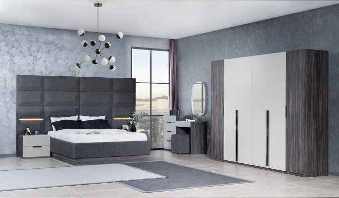 Schlofkummer Bett Nuetsdësch Kleederschaf Komoud mat Spigel Miwwel Set 5tlg