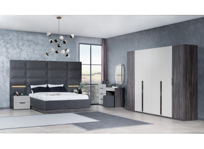 Schlofkummer Bett Nuetsdësch Kleederschaf Komoud mat Spigel Miwwel Set 5tlg