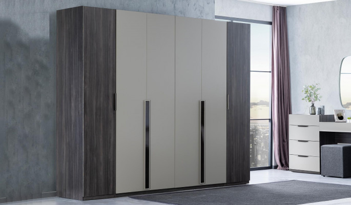 Schlofkummer Bett Nuetsdësch Kleederschaf Komoud mat Spigel Miwwel Set 5tlg