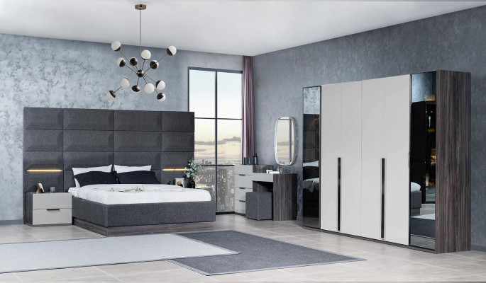 Schlofkummer, Bett, Nuetsdësch, Kleederschaf, Kommode mat Spigel, Miwwelen, Holz, Luxus.