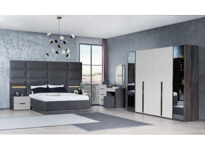 Schlofkummer, Bett, Nuetsdësch, Kleederschaf, Kommode mat Spigel, Miwwelen, Holz, Luxus.