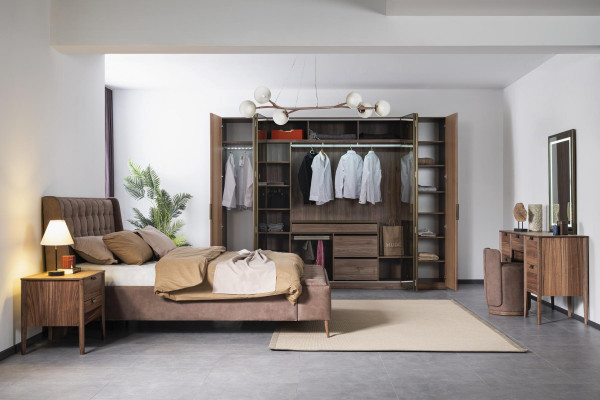 xxl Kleederschaf héich brong Schlofzëmmer Schief Glasschaf Holz modern nei