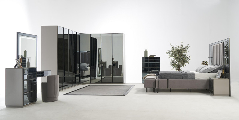 Luxus Glas Schlofkummer Bett Nuetsdësch Eckschaf Kommod Spigel Hocker Gro