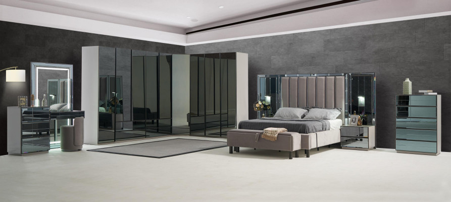Better Design Bett Polster Schlofzëmmer Hotel Design Duebelbett Metall Taupe Nei