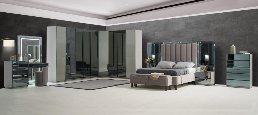 Better Design Bett Polster Schlofzëmmer Hotel Design Duebelbett Metall Taupe Nei