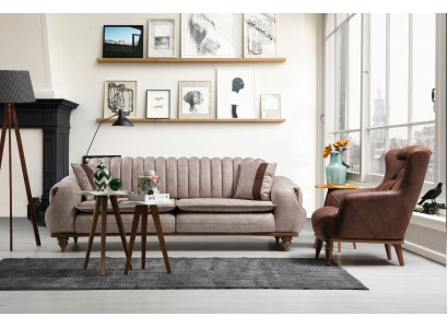 Designer Sofa Garnitur 3+1 Sëtz Couchtisch Sofa Iwwerzuch Textil Brong Holz