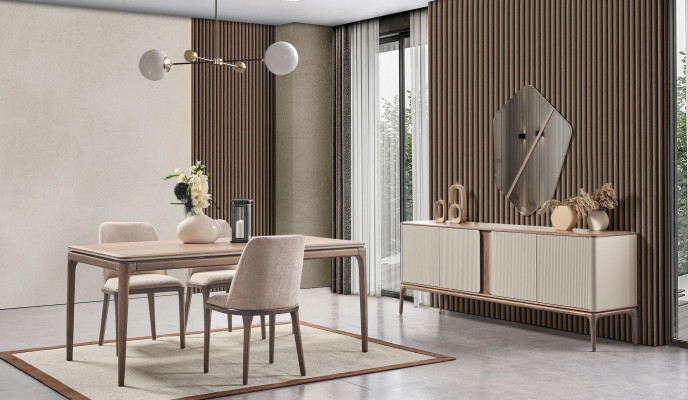 Iessgrupp Iessdësch 4 Still Säitenaresor Spigel Modern 7-tlg Holz Beige